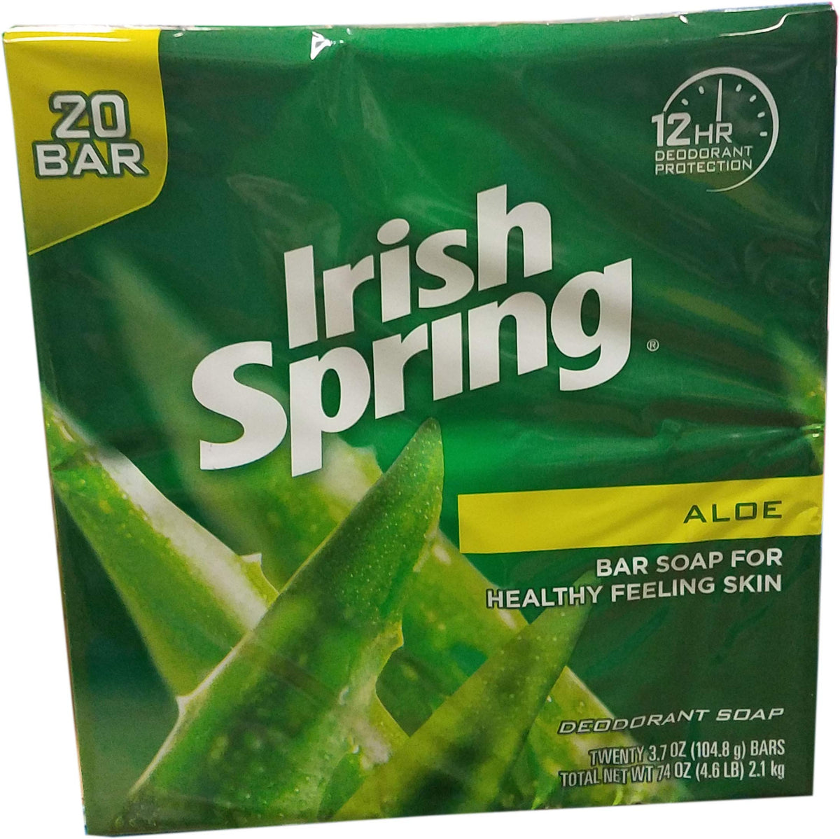Irish Spring Aloe front packaging showing 20 bars and fresh scent benefit