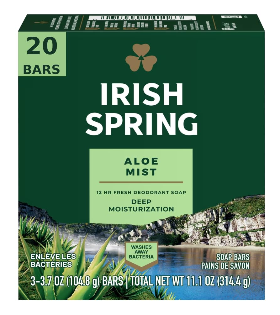 Irish Spring front packaging showing 20-bar bulk pack and fresh scent benefit