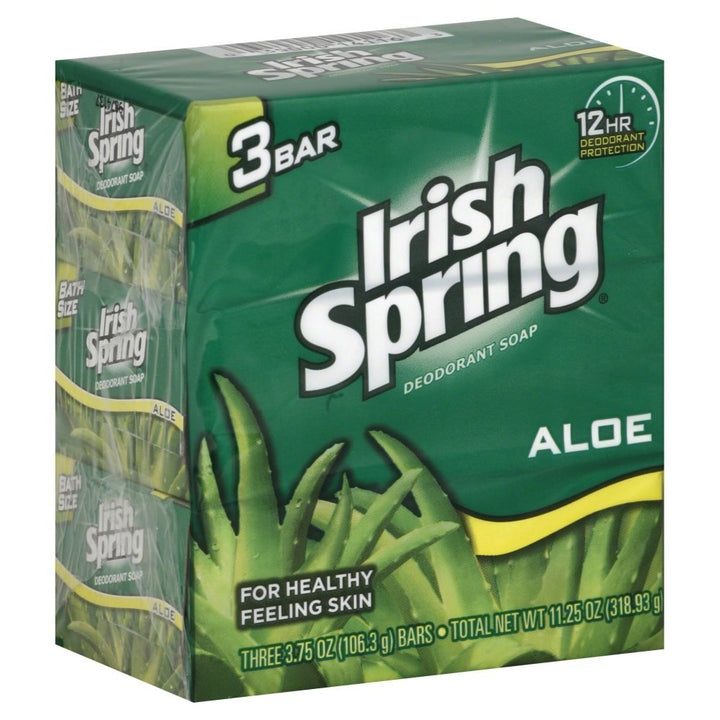 Irish Spring bar front packaging showing aloe scent and long-lasting freshness