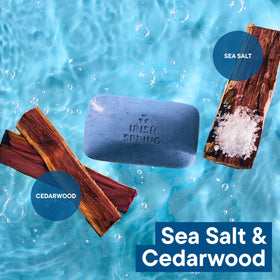 Irish Spring bar with cedarwood and sea salt props conveying fresh scent