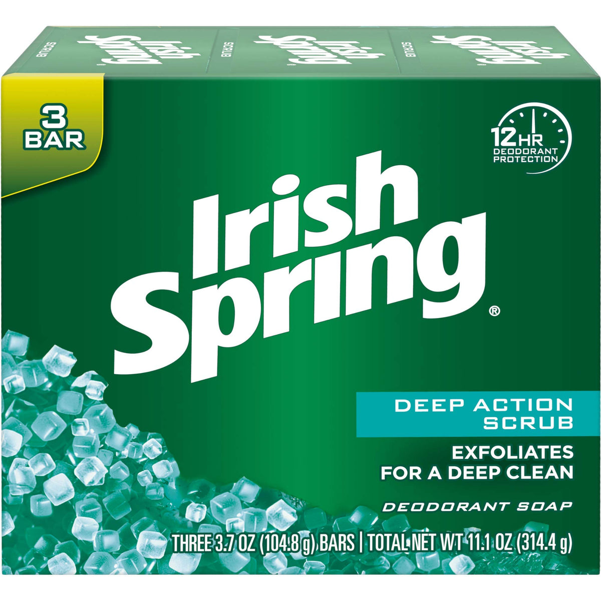 Irish Spring front packaging showing three 3.75 oz bars and fresh scent benefit