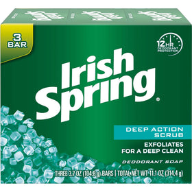 Irish Spring front packaging showing three 3.75 oz bars and fresh scent benefit