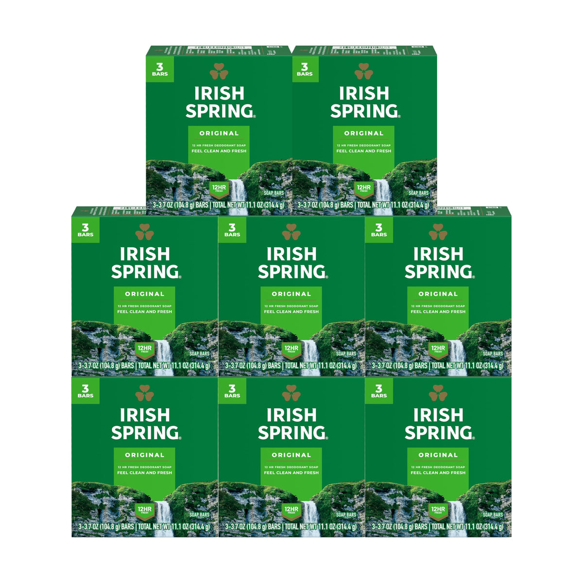 Irish Spring front packaging showing multiple bars and fresh scent benefits