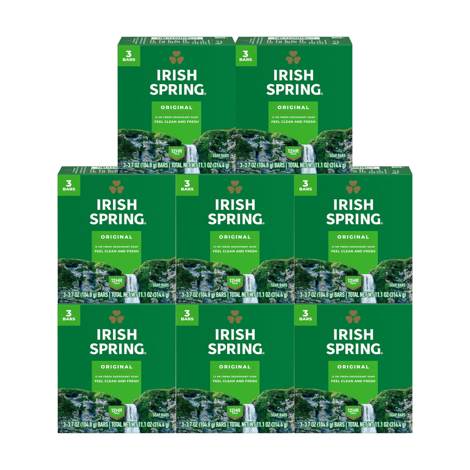 Irish Spring front packaging showing multiple bars and fresh scent benefits