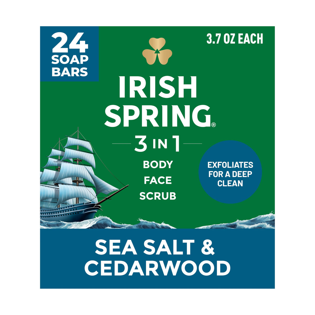 Irish Spring front packaging showing 24 bars and value savings benefit