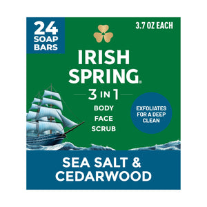 Irish Spring front packaging showing 24 bars and value savings benefit