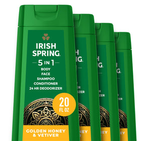 Irish Spring front packaging shows four bottles and scent