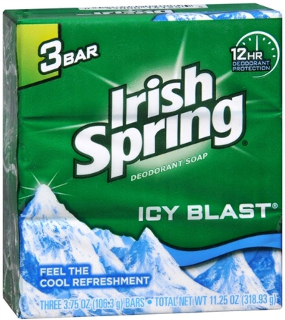 Irish Spring Icy Blast front packaging showing three 3.75 oz bars and fresh branding benefit