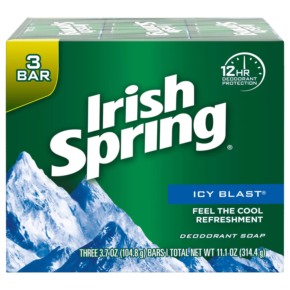 Irish Spring Icy Blast front packaging showing 3.75 oz bar and cooling fragrance benefit