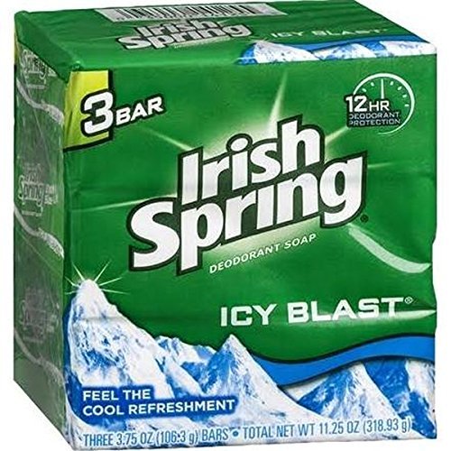 Irish Spring Icy Blast held in hand to show 3.75 oz size and travel-friendly benefit