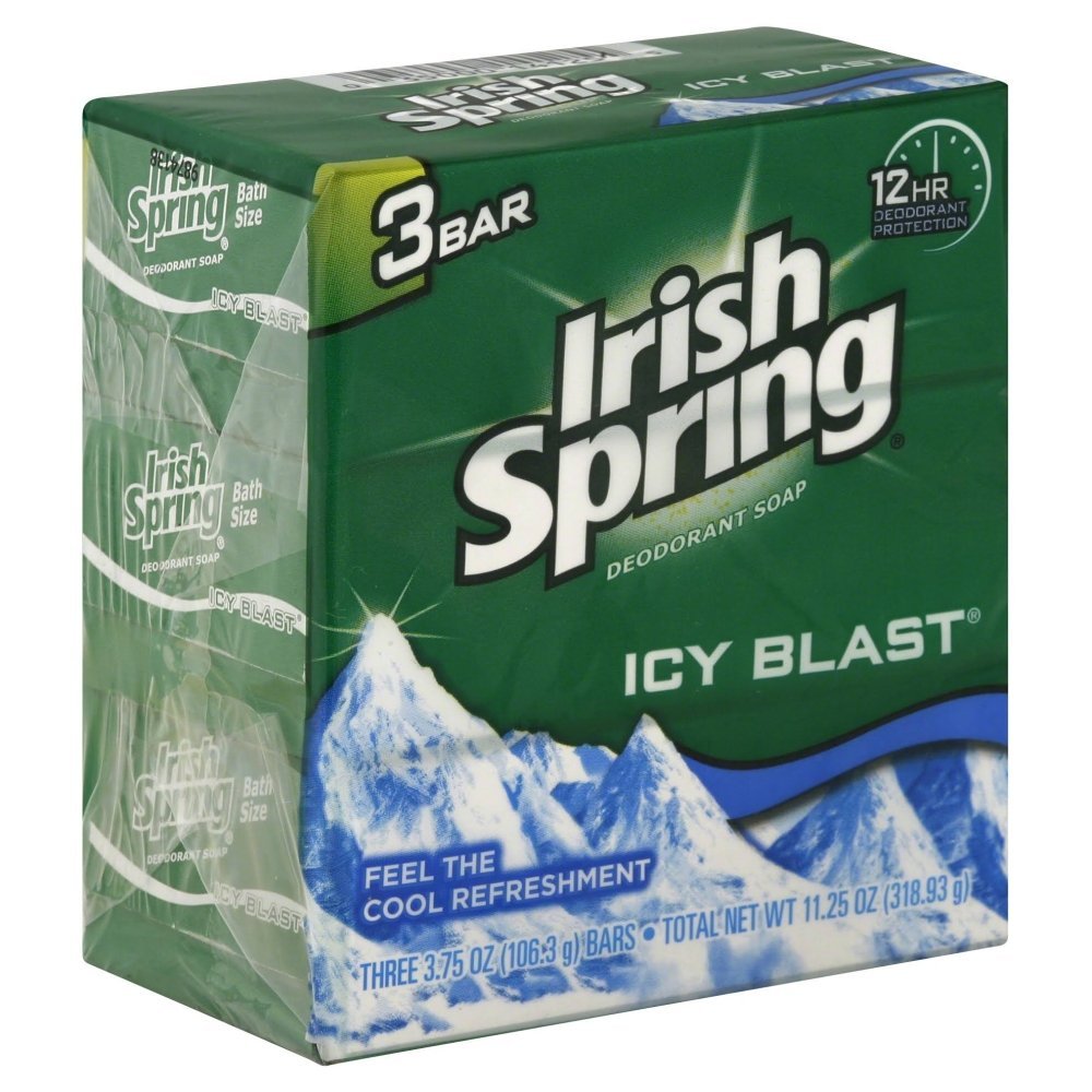 Irish Spring Icy Blast bar in a shower setting showing drainage and invigorating scent benefit