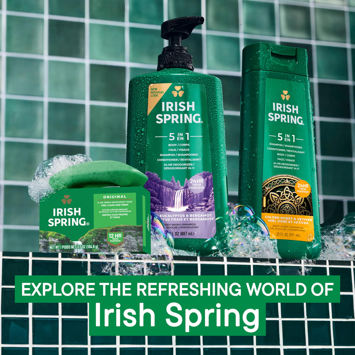 Irish Spring lifestyle bathroom setup showing ready-to-use grooming convenience