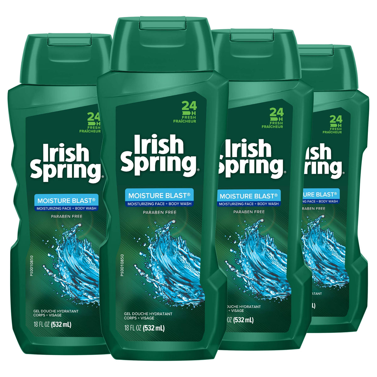 Irish Spring front packaging showing 18 fl oz bottle and refreshing scent benefit