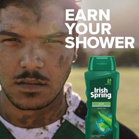 Irish Spring bottle angled label highlighting brand and clear benefits