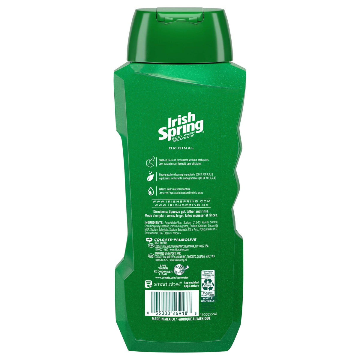 Back label of Irish Spring bottle revealing ingredient panel and usage info