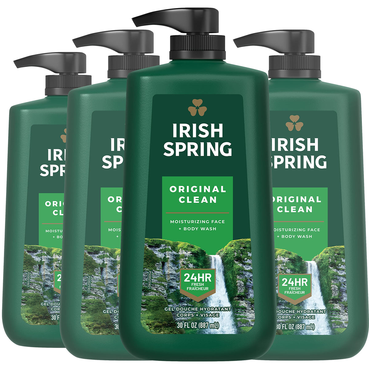 Irish Spring Original Clean front pump showing bottle and scent benefit