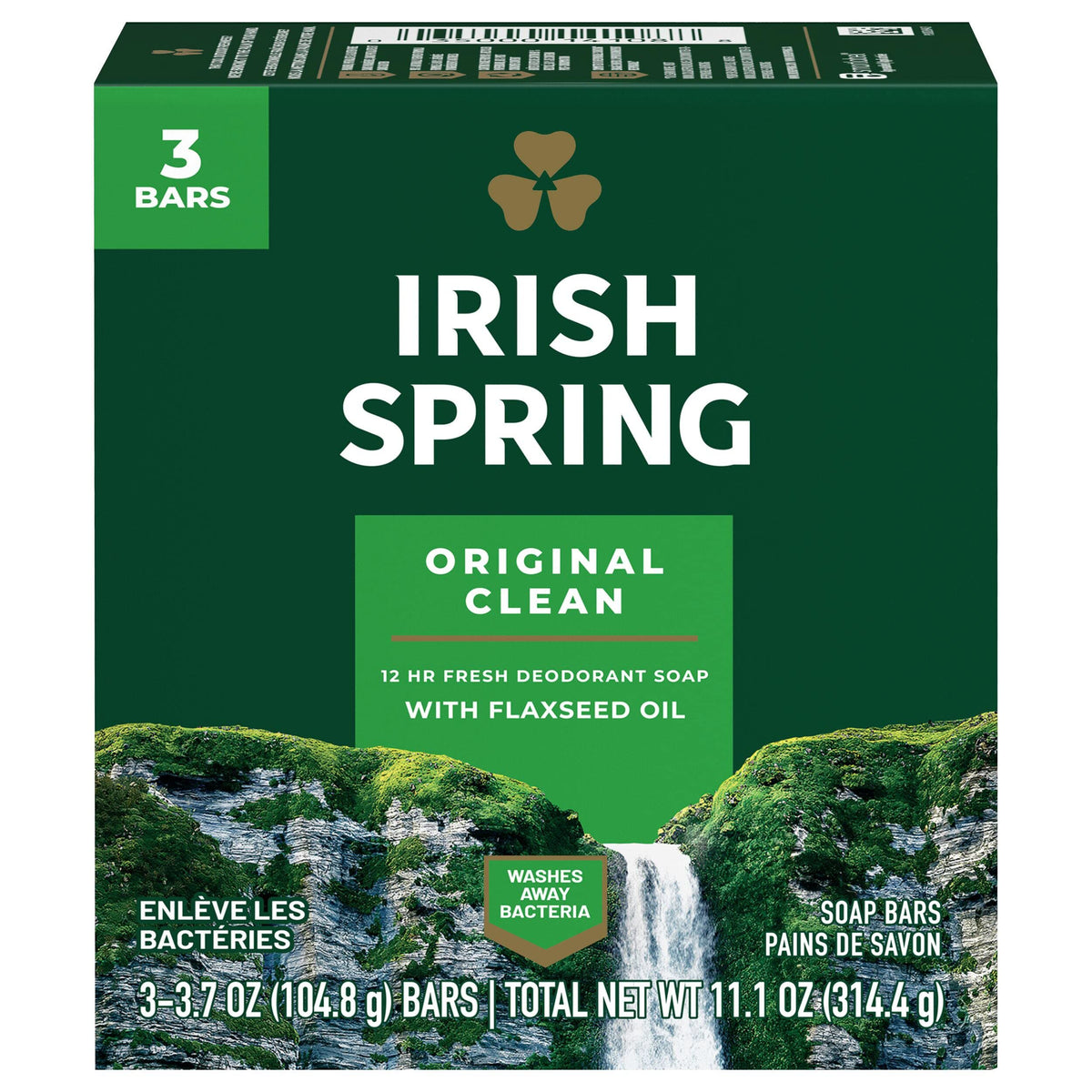 Irish Spring front packaging showing three 3.75 oz bars and fresh scent benefit