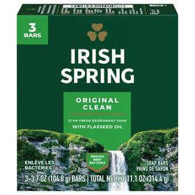 Irish Spring front packaging showing three 3.75 oz bars and fresh scent benefit
