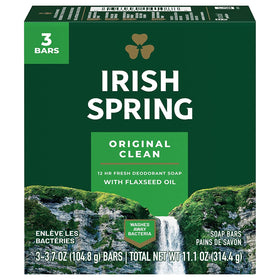 Irish Spring front packaging showing two three-bar boxes and fresh scent benefit