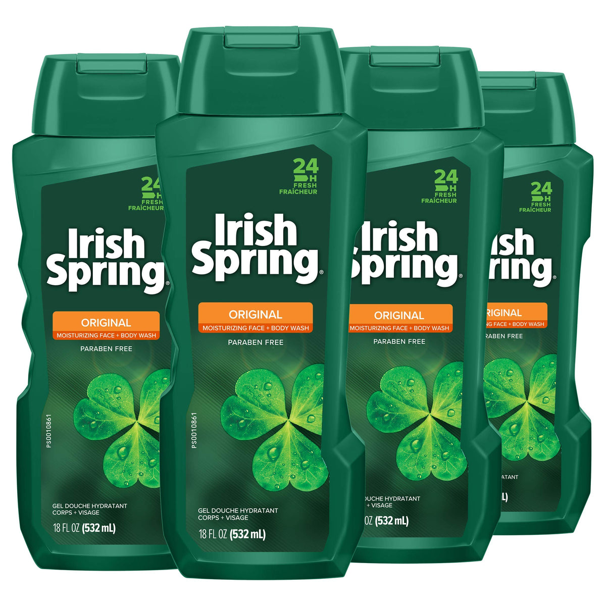 Irish Spring bottle front packaging showing clean scent and fresh benefit