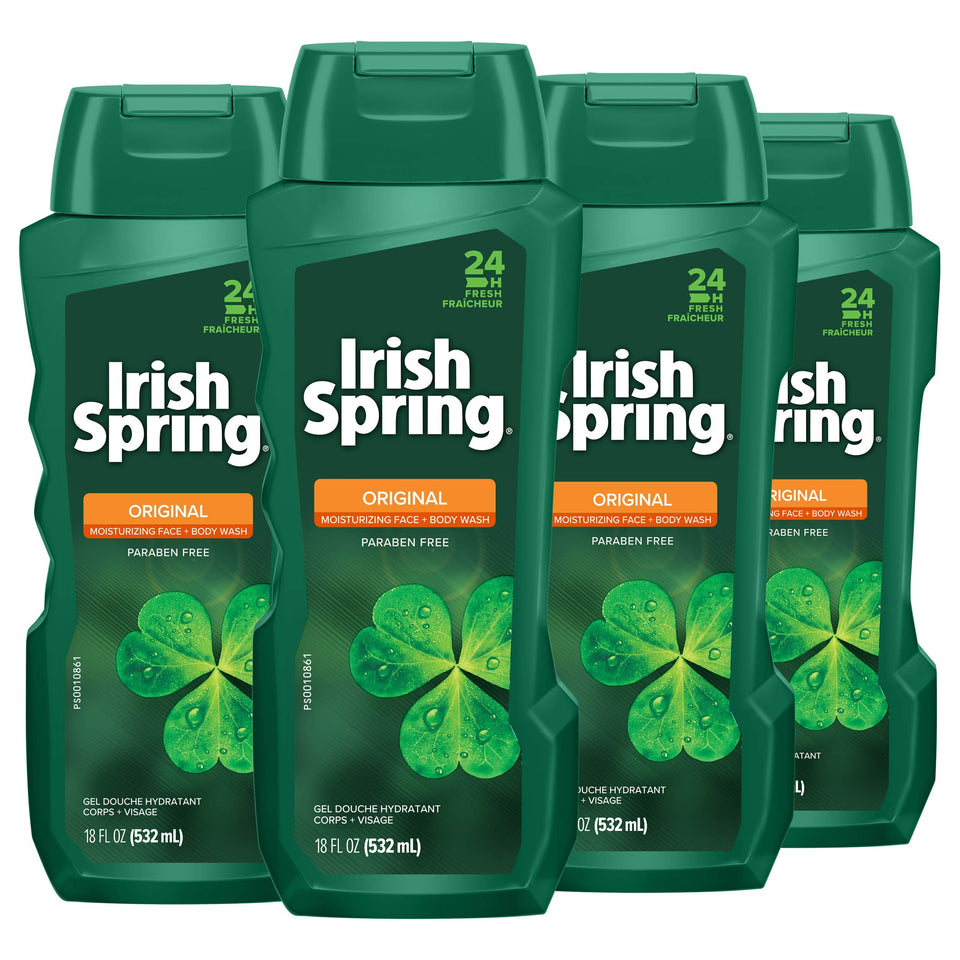 Irish Spring bottle front packaging showing clean scent and fresh benefit