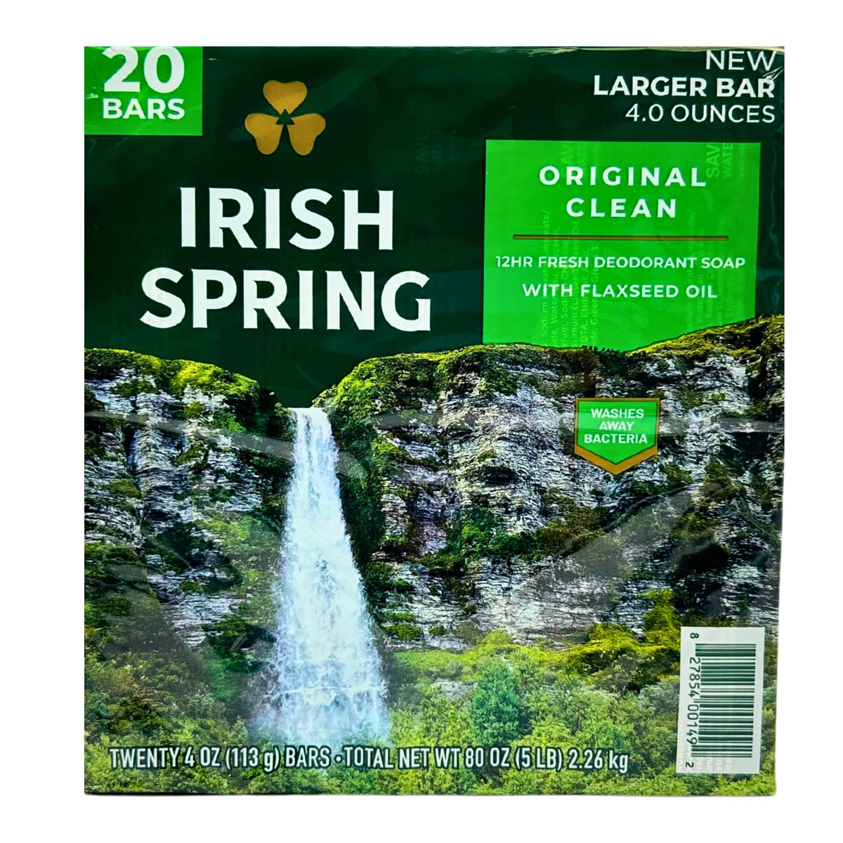 Irish Spring pack front showing 20 bars and fresh scent benefit