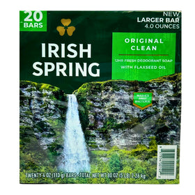 Irish Spring pack front showing 20 bars and fresh scent benefit
