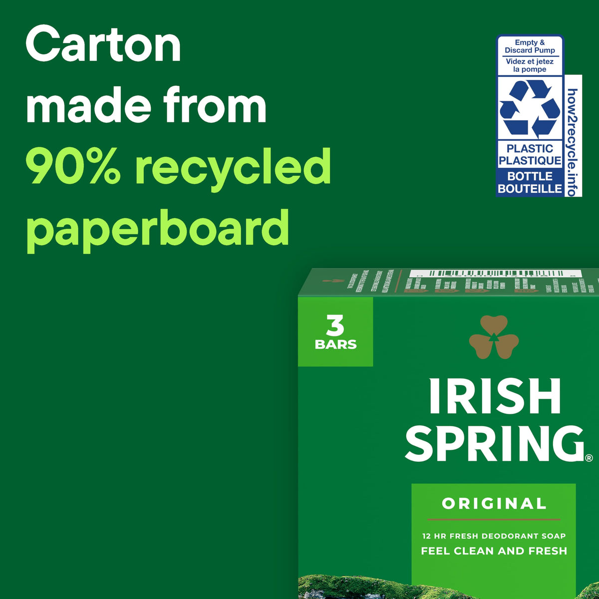 Irish Spring recyclable carton stacked for economical storage and eco benefit