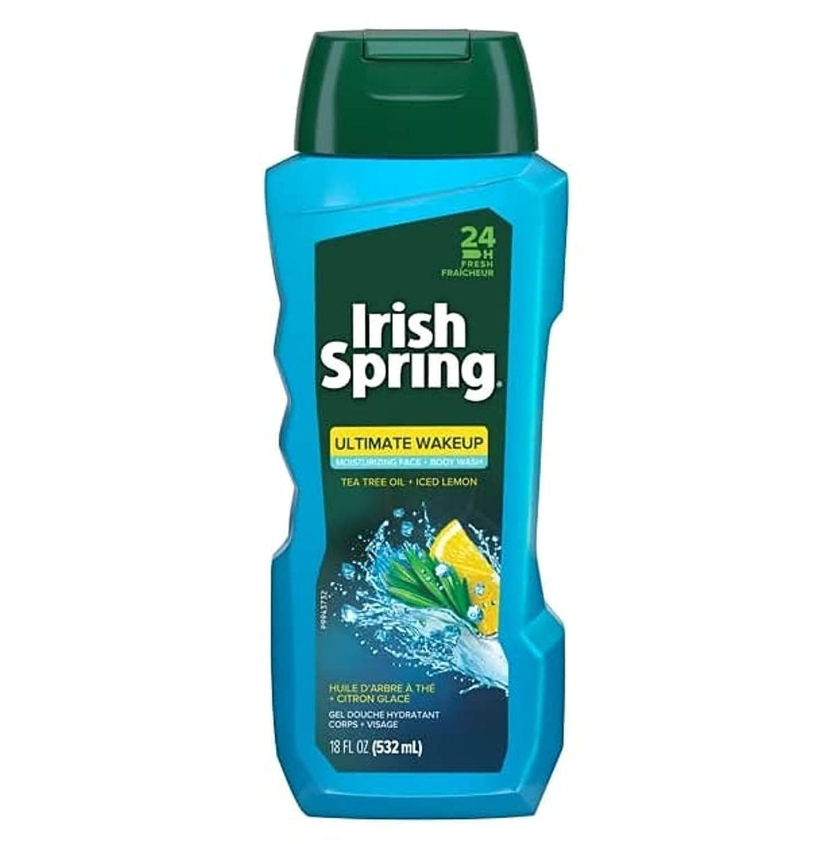 Irish Spring Ultimate front bottle view showing iced lemon and tea tree scent benefits