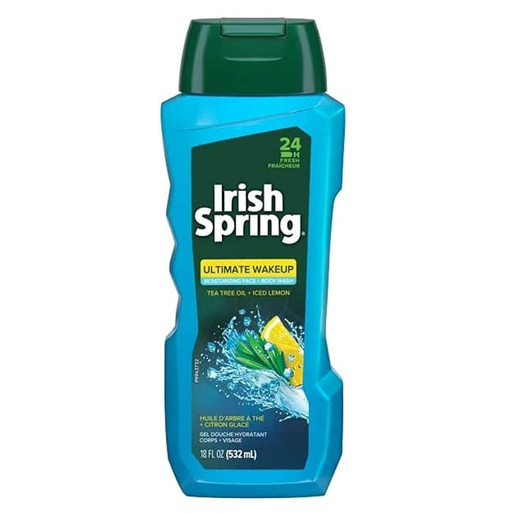 Irish Spring Ultimate front bottle view showing iced lemon and tea tree scent benefits