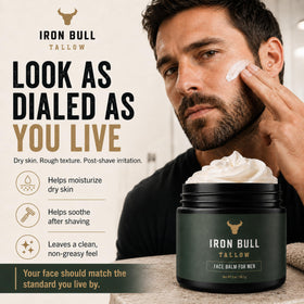 Iron Bull applying balm to beard area to soften hair and hydrate skin for comfort