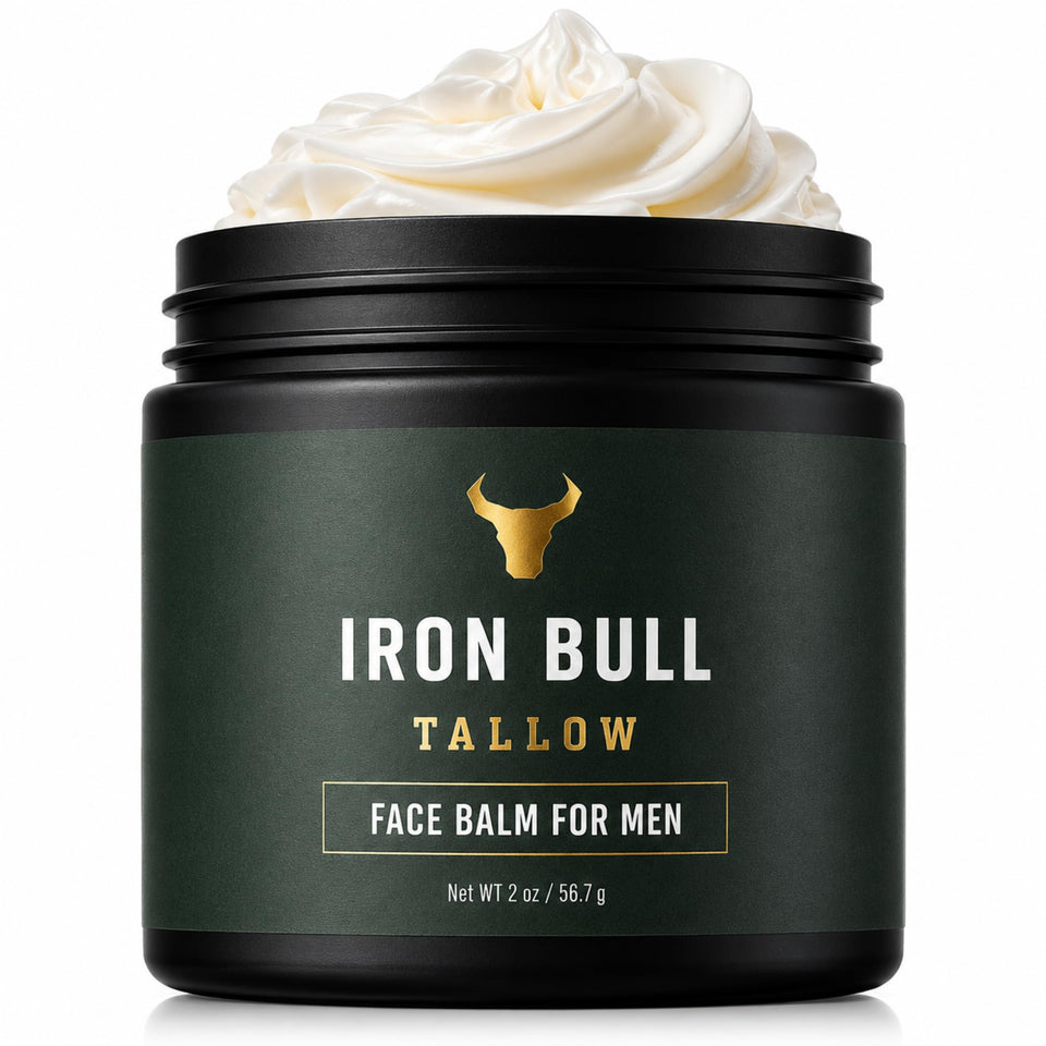 Iron Bull front packaging showing the 2oz balm and masculine label, promotes simple care