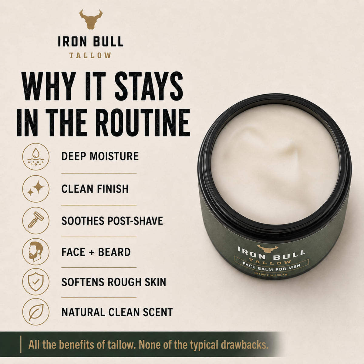 Iron Bull ingredients display with grass-fed beef tallow origin emphasizing natural sourcing