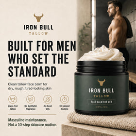 Iron Bull open jar close-up of smooth tallow texture, highlights easy spreadability benefit