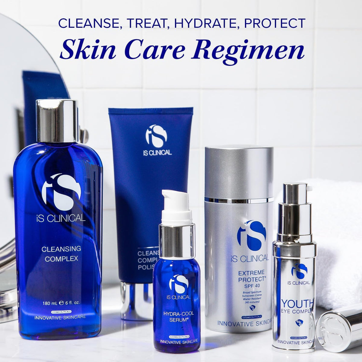 iS CLINICAL product on bathroom counter showing daily routine convenience