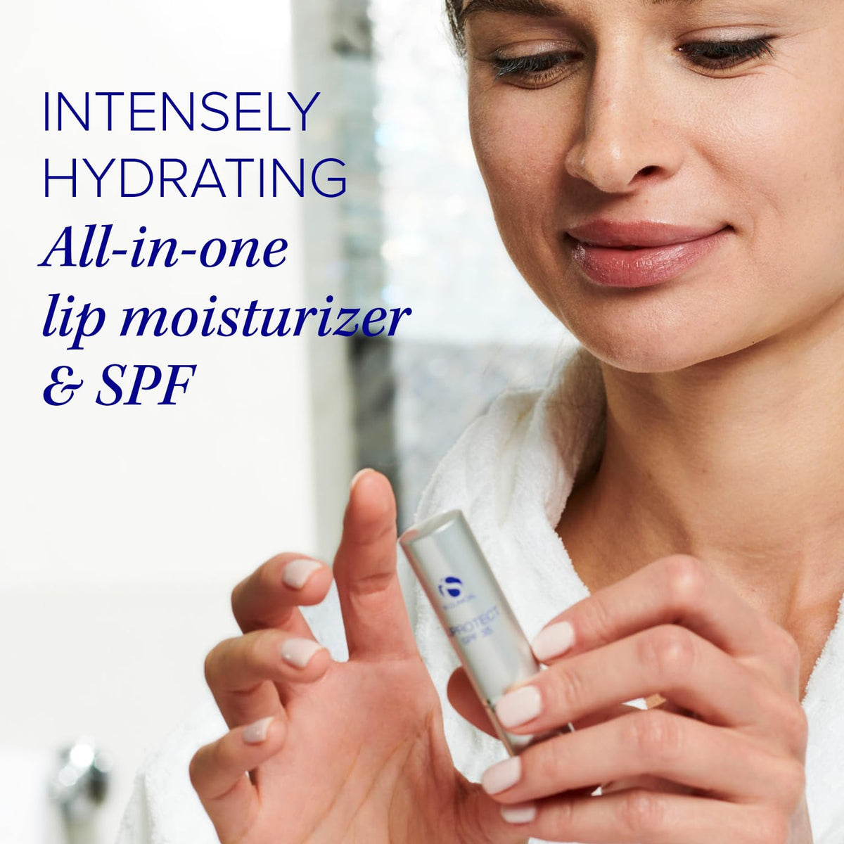 iS CLINICAL Liprotect on lips demonstrating hydration and sun protection