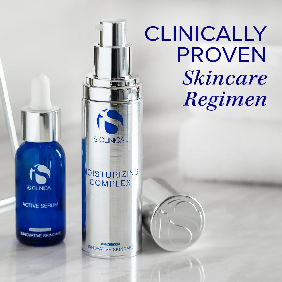 iS CLINICAL on bathroom shelf in lifestyle setting showing daily use