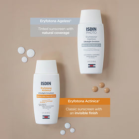ISDIN skin closeup showing moisturized finish and non-greasy benefit