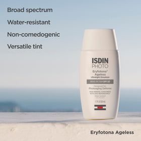 ISDIN Eryfotona Ageless ingredient label showing zinc oxide and antioxidants