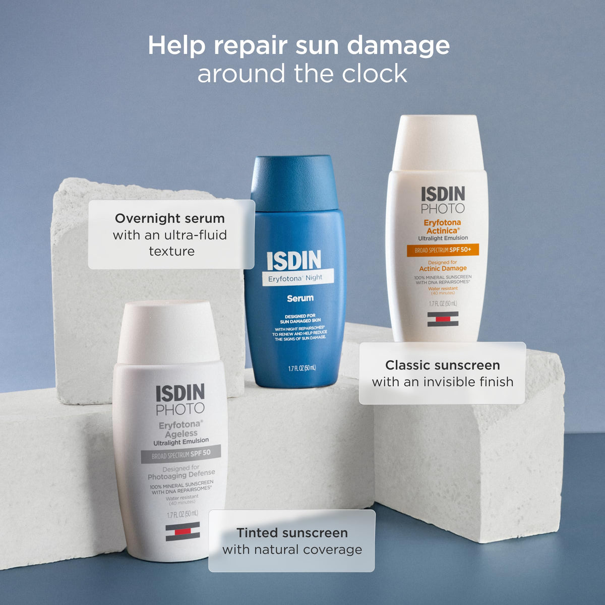 ISDIN product staged in nighttime bathroom routine conveying restorative use