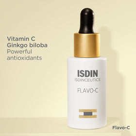 ISDIN Flavo-C pictured beside sunscreen illustrating daytime antioxidant pairing