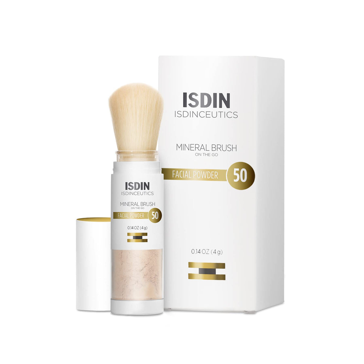 ISDIN mineral brush powder front packaging showing compact brush for travel