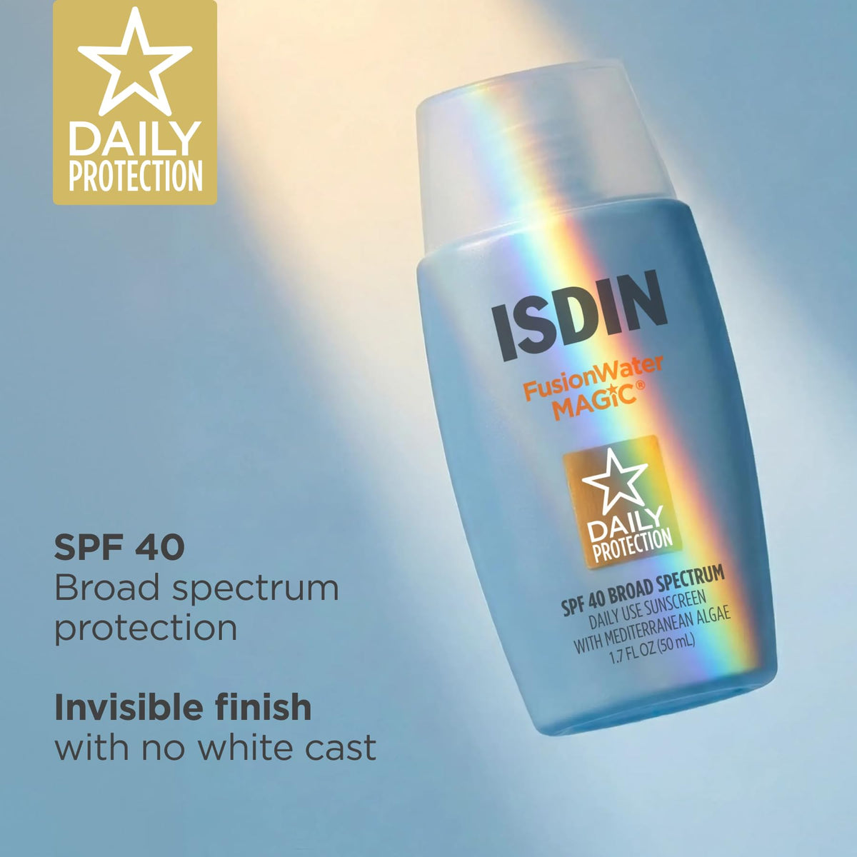 ISDIN Fusion Water MAGIC 1.7 fl oz held in hand to show travel size convenience