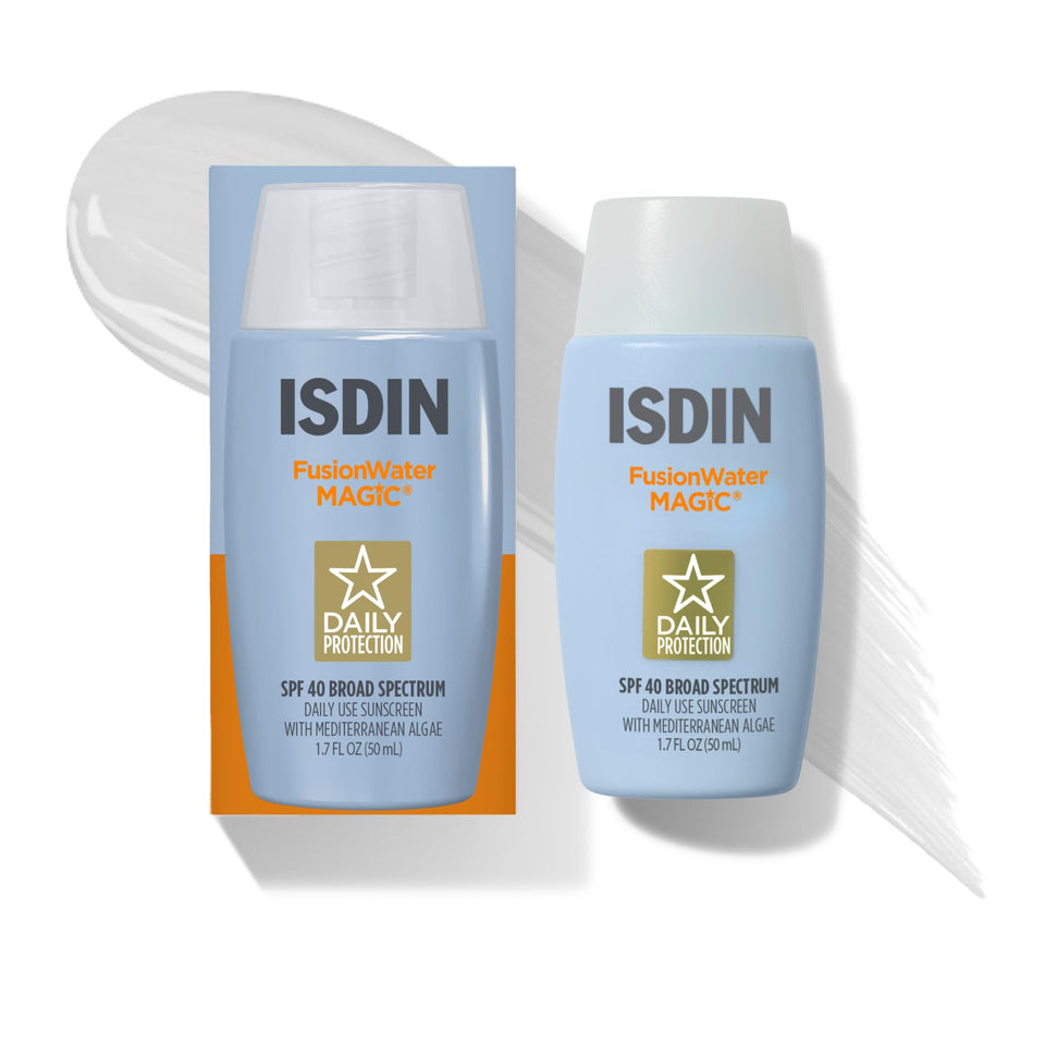 ISDIN Fusion Water MAGIC front tube showing compact SPF 40 protection