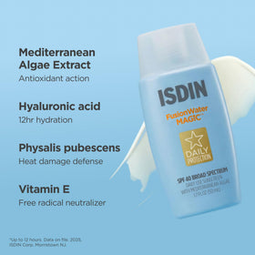 ISDIN Fusion Water MAGIC ingredient label highlighting hyaluronic acid benefit