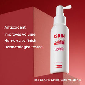 ISDIN Lambdapil lotion texture close-up showing lightweight absorbency benefit