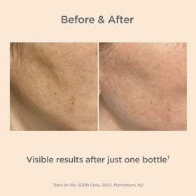 ISDIN bottle on bathroom counter during routine, easy daily layering with sunscreen