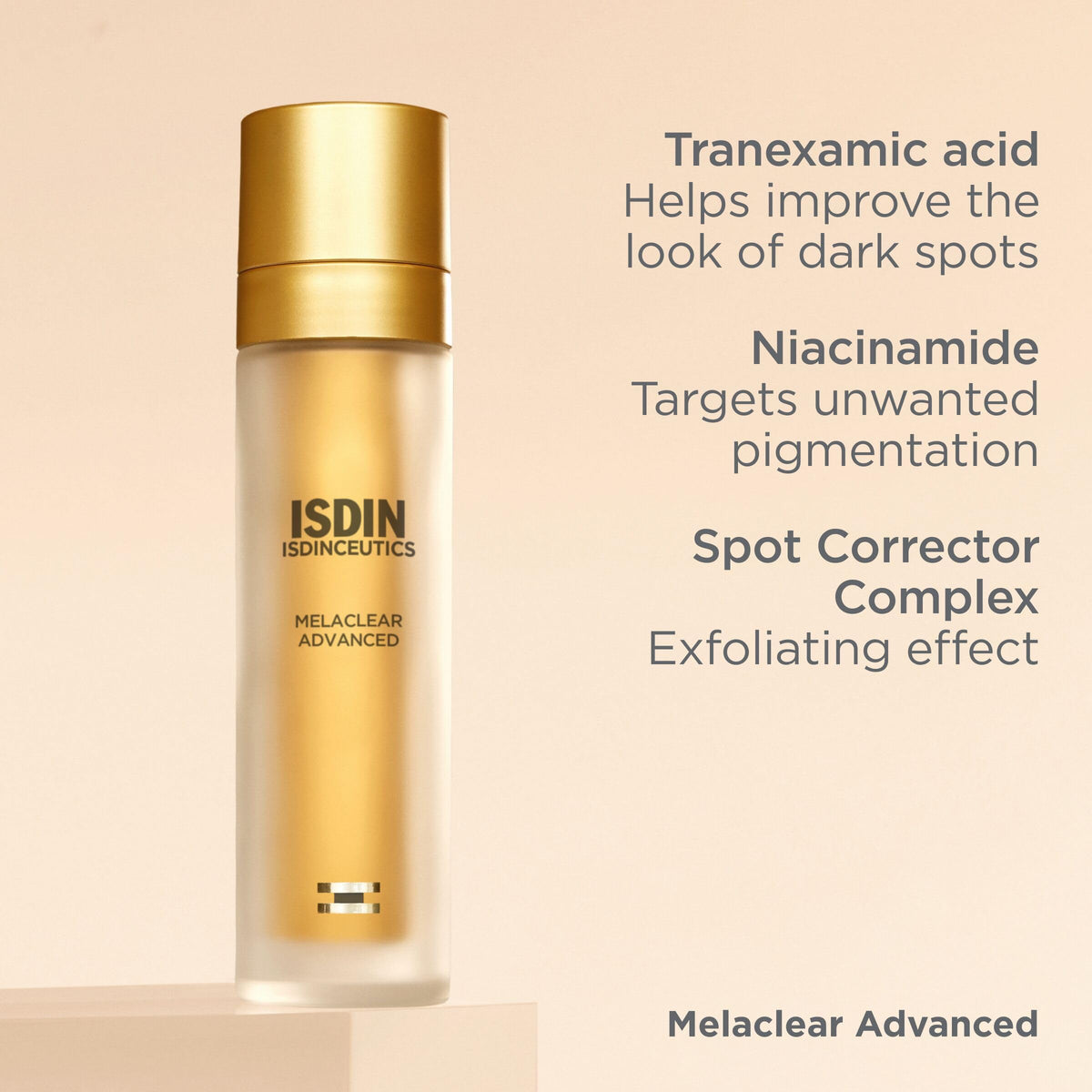 ISDIN ingredient list card highlighting tranexamic acid and niacinamide benefits