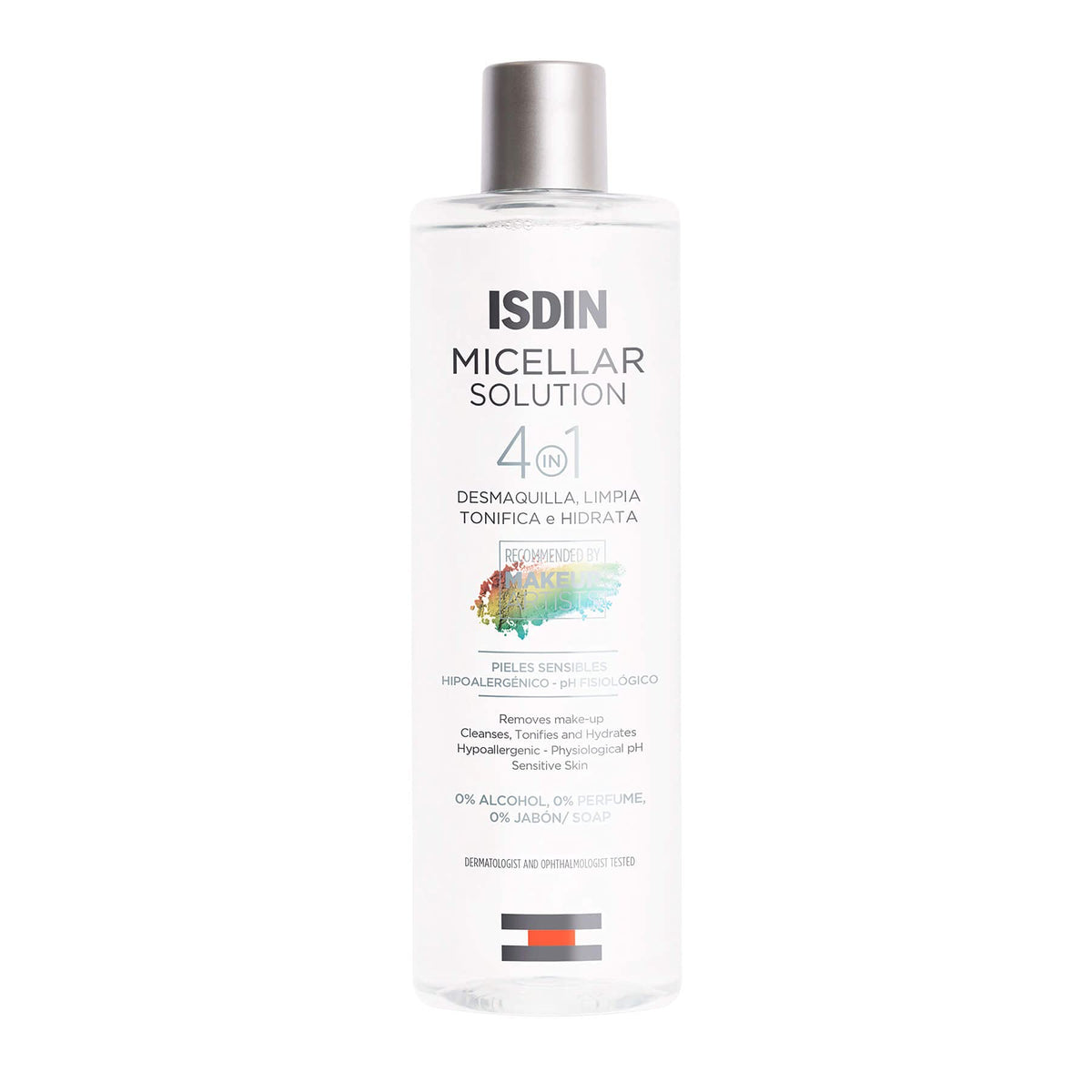 ISDIN micellar front packaging showing bottle and 13.5 fl oz size benefit