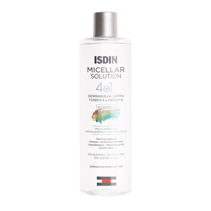 ISDIN micellar front packaging showing bottle and 13.5 fl oz size benefit